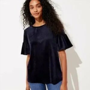 Ann Taylor Small Navy Crushed Velvet Short Bell Sleeve Blouse Top Holiday Autumn